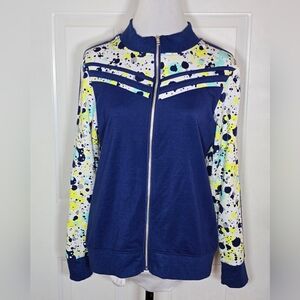 Vevo Active Blue Workout Jacket Large Long Sleeve Paint Splatter Design Track